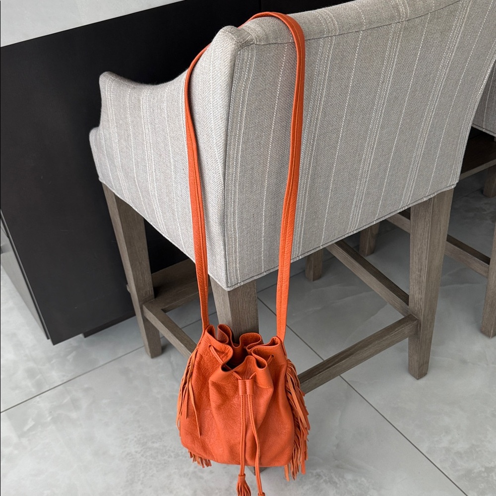 Leather Orange Fringe Bucket Bag